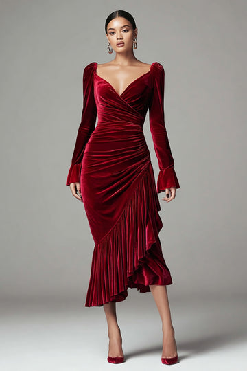Velvet Mermaid Burgundy Long Sleeve Ruffled Midi Formal Dress